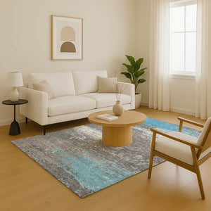 HomeRoots 8' X 10' Modern Teal Gray and Ivory Abstract Area Rug - Durable, Stain Resistant, UV Protected! 701103