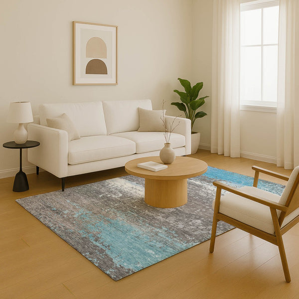 HomeRoots 8' X 10' Modern Teal Gray and Ivory Abstract Area Rug - Durable, Stain Resistant, UV Protected! 701103