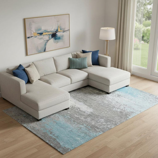 HomeRoots 9' X 12' Stylish Teal Gray Ivory Area Rug – Washable, UV Protected, Perfect for Family Spaces! 701104