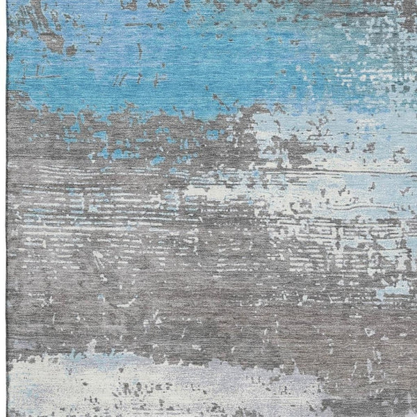 HomeRoots 9' X 12' Stylish Teal Gray Ivory Area Rug – Washable, UV Protected, Perfect for Family Spaces! 701104