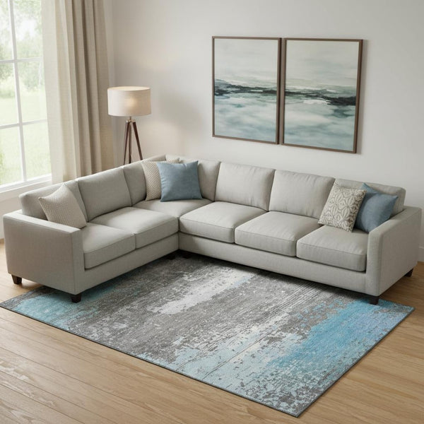 HomeRoots 10' X 14' Teal Gray Ivory Abstract Area Rug – Washable, UV Protected, Durable & Stylish for Homes 701105
