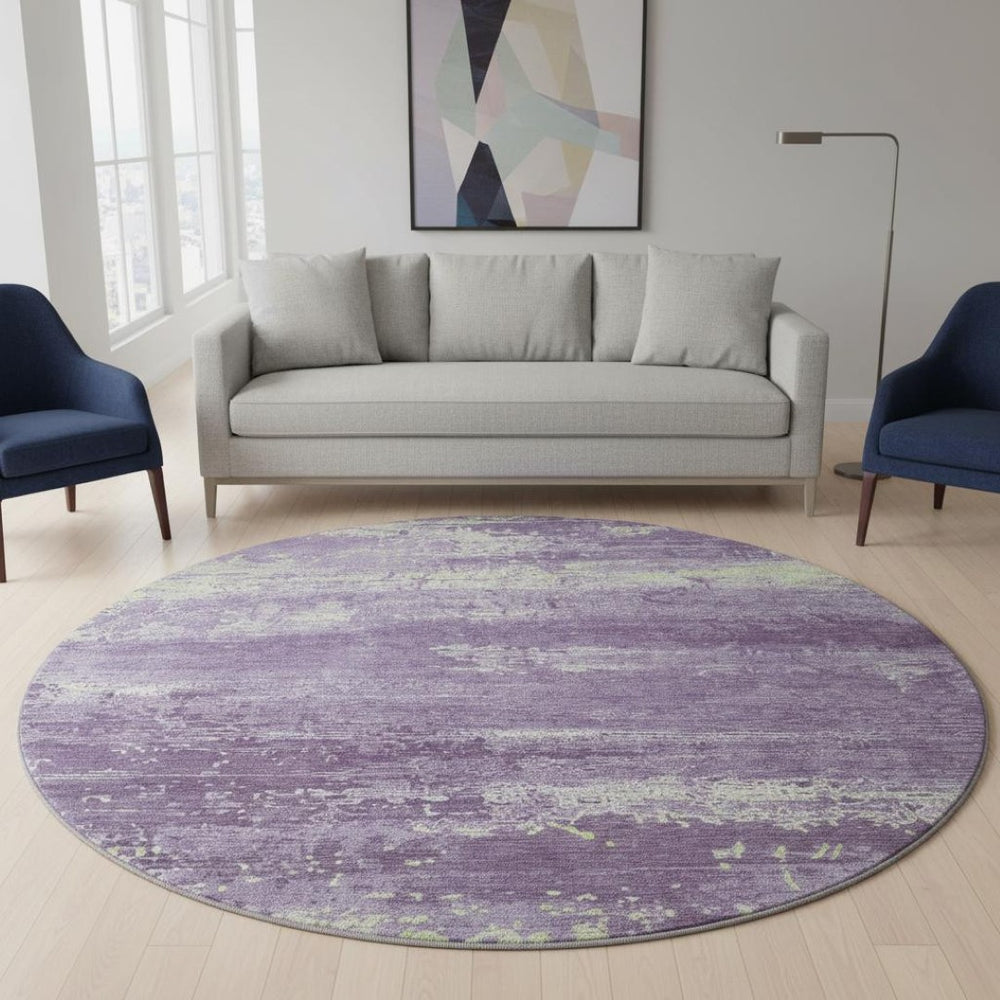HomeRoots 8' Washable Purple & Ivory Abstract Round Rug - UV Protection, Stain Resistant, Perfect for High Traffic Spaces 701108
