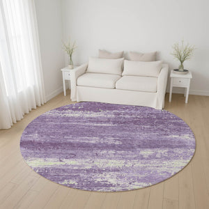 HomeRoots 8' Washable Purple & Ivory Abstract Round Rug - UV Protection, Stain Resistant, Perfect for High Traffic Spaces 701108