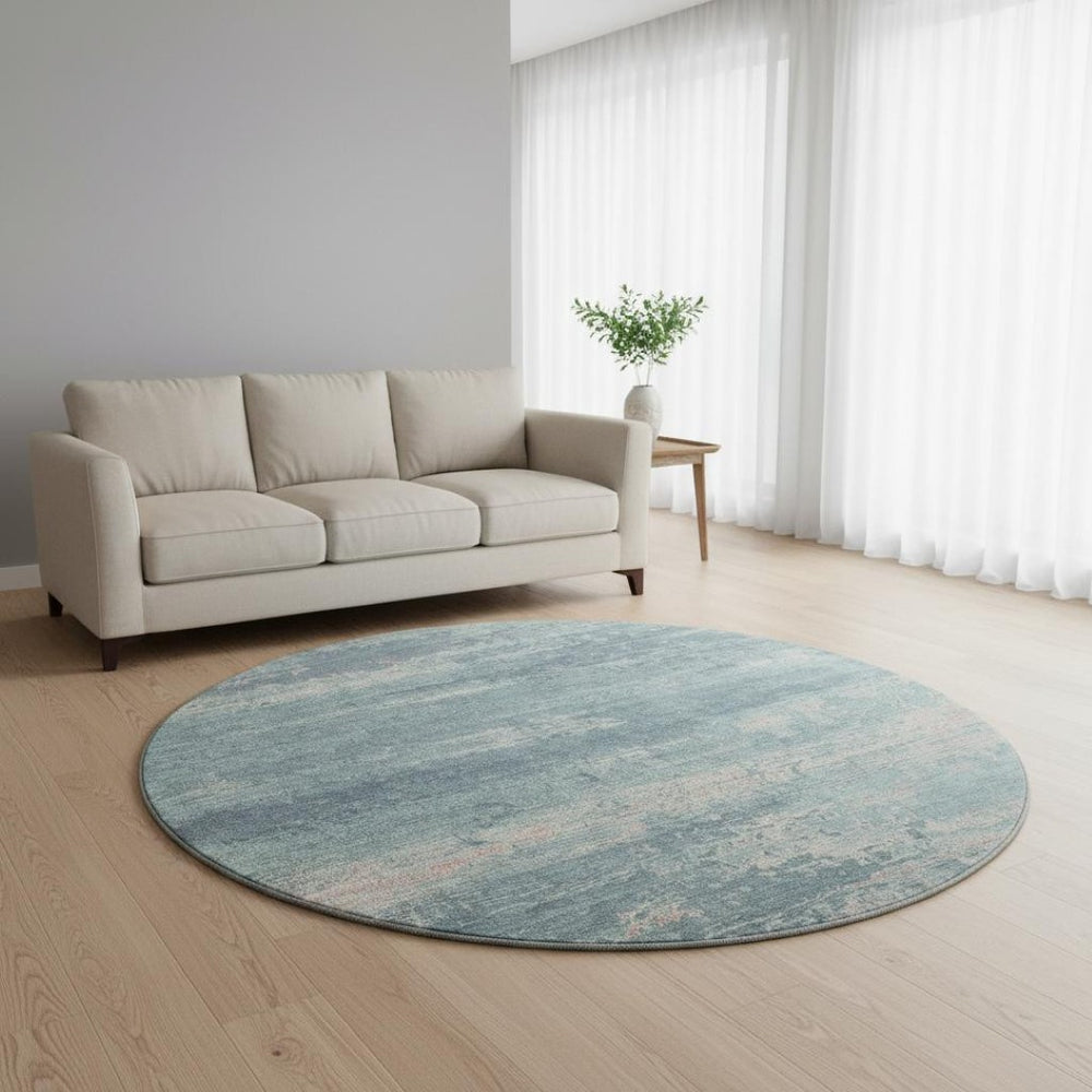 HomeRoots 8' Teal and Ivory Abstract Washable Round Rug - Durable, UV-Protected, Stylish for Any Space! 701114