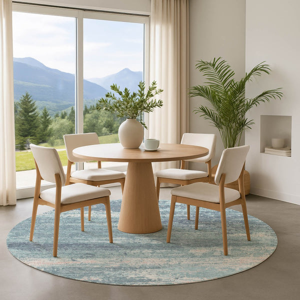 HomeRoots 8' Teal and Ivory Abstract Washable Round Rug - Durable, UV-Protected, Stylish for Any Space! 701114