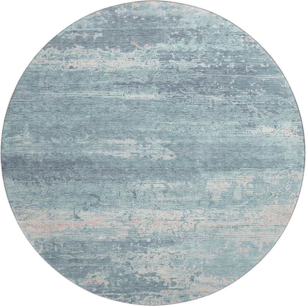 HomeRoots 8' Teal and Ivory Abstract Washable Round Rug - Durable, UV-Protected, Stylish for Any Space! 701114