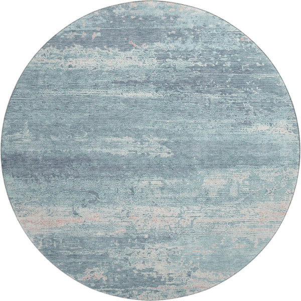 HomeRoots 8' Teal and Ivory Abstract Washable Round Rug - Durable, UV-Protected, Stylish for Any Space! 701114