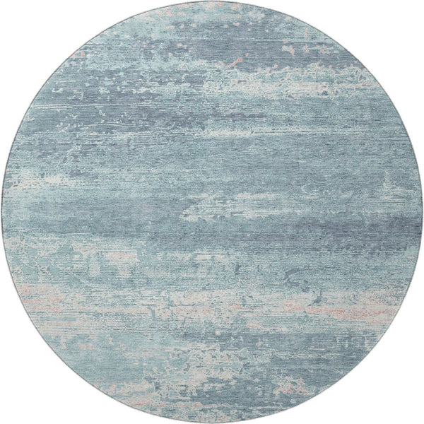 HomeRoots 8' Teal and Ivory Abstract Washable Round Rug - Durable, UV-Protected, Stylish for Any Space! 701114