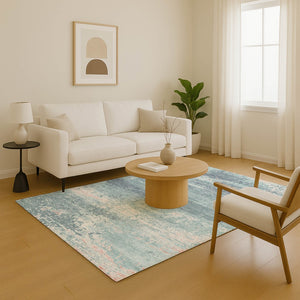 HomeRoots 8' X 10' Teal and Ivory Abstract Area Rug - Washable, UV Protected, Soft & Durable for Any Space 701115