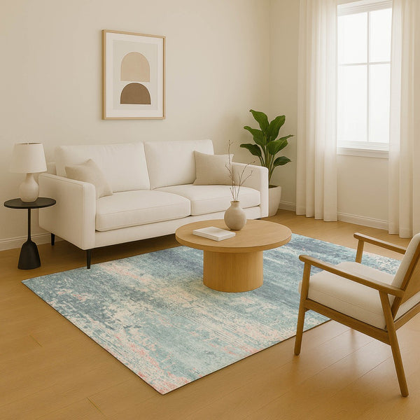 HomeRoots 8' X 10' Teal and Ivory Abstract Area Rug - Washable, UV Protected, Soft & Durable for Any Space 701115