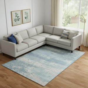 HomeRoots 10' X 14' Teal and Ivory Abstract Area Rug – Washable, UV-Protected, Stain-Resistant, and Non-Slip! 701117