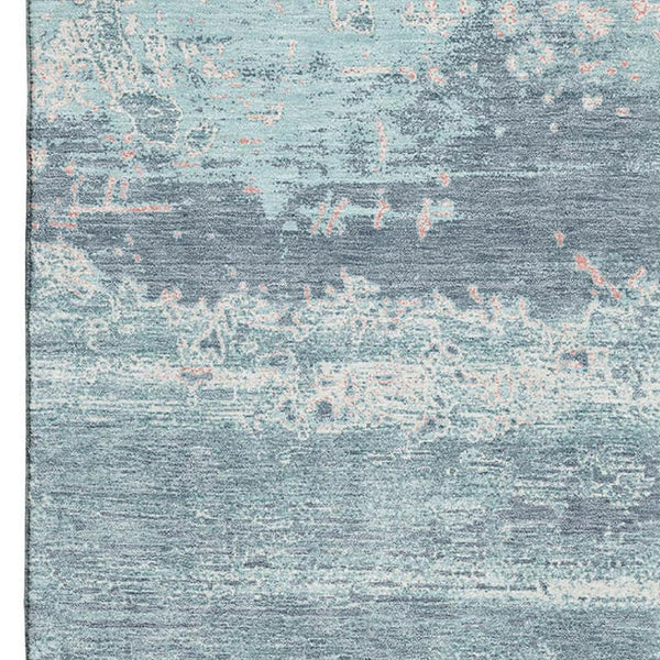 HomeRoots 10' X 14' Teal and Ivory Abstract Area Rug – Washable, UV-Protected, Stain-Resistant, and Non-Slip! 701117