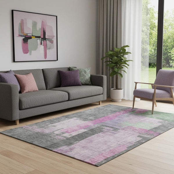 HomeRoots 5' X 8' Blush & Gray Abstract Washable Area Rug - Stylish, Durable, UV-Protected for Easy Care 701119