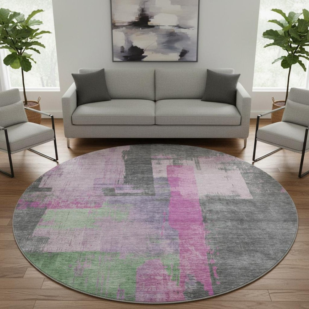 HomeRoots 8' Blush and Gray Abstract Round Rug - Washable, UV Protected, Stain-Resistant, Modern Design! 701120