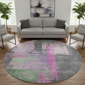 HomeRoots 8' Blush and Gray Abstract Round Rug - Washable, UV Protected, Stain-Resistant, Modern Design! 701120
