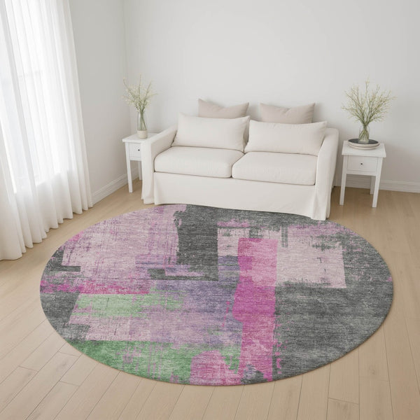 HomeRoots 8' Blush and Gray Abstract Round Rug - Washable, UV Protected, Stain-Resistant, Modern Design! 701120