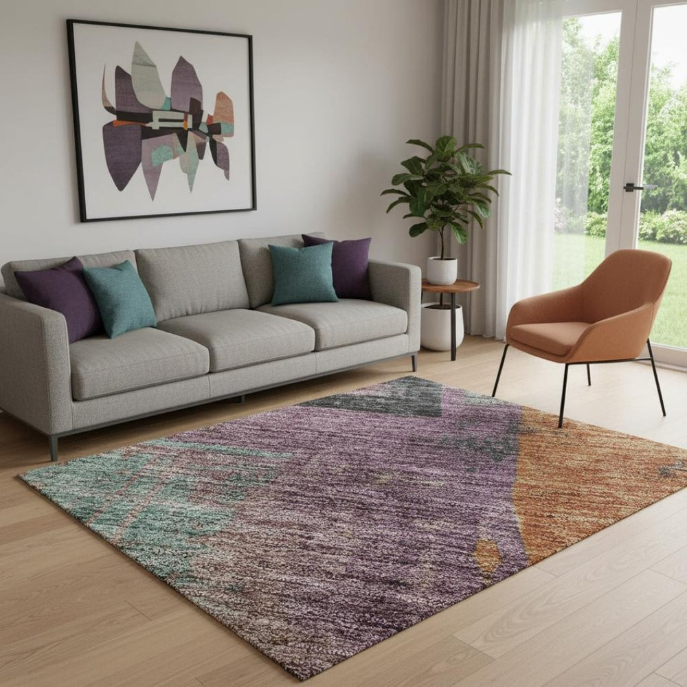 HomeRoots 5' X 8' Modern Charcoal, Orange & Purple Abstract Washable Area Rug with UV Protection & Durability 701125