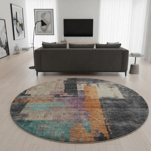HomeRoots 8' Charcoal Orange & Purple Abstract Washable Round Rug - Durable, UV-Protected & Stain-Resistant! 701126