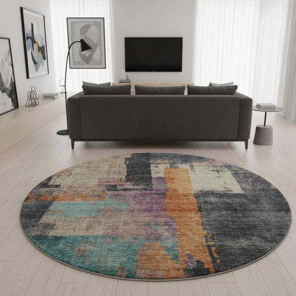 HomeRoots 8' Charcoal Orange & Purple Abstract Washable Round Rug - Durable, UV-Protected & Stain-Resistant! 701126