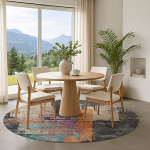 HomeRoots 8' Charcoal Orange & Purple Abstract Washable Round Rug - Durable, UV-Protected & Stain-Resistant! 701126