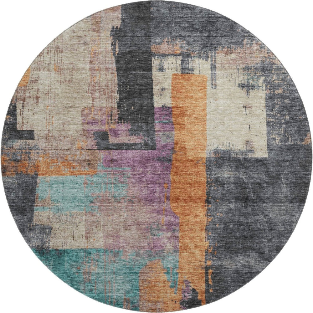HomeRoots 8' Charcoal Orange & Purple Abstract Washable Round Rug - Durable, UV-Protected & Stain-Resistant! 701126