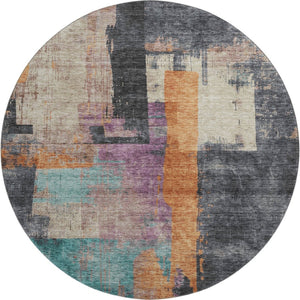 HomeRoots 8' Charcoal Orange & Purple Abstract Washable Round Rug - Durable, UV-Protected & Stain-Resistant! 701126