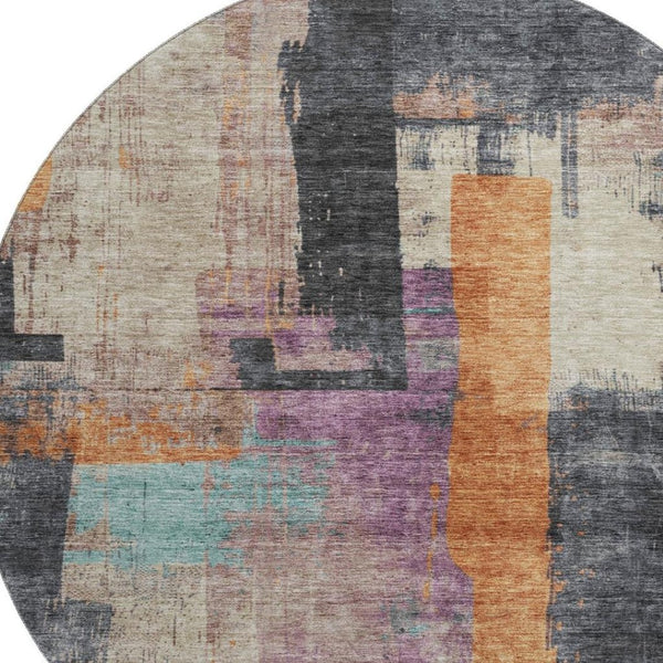HomeRoots 8' Charcoal Orange & Purple Abstract Washable Round Rug - Durable, UV-Protected & Stain-Resistant! 701126