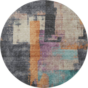 HomeRoots 8' Charcoal Orange & Purple Abstract Washable Round Rug - Durable, UV-Protected & Stain-Resistant! 701126