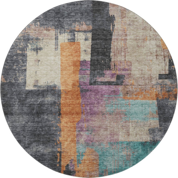 HomeRoots 8' Charcoal Orange & Purple Abstract Washable Round Rug - Durable, UV-Protected & Stain-Resistant! 701126