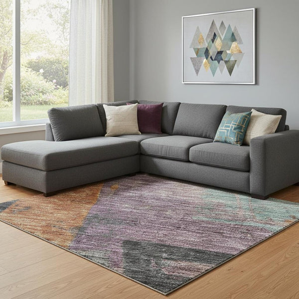 HomeRoots 8' X 10' Charcoal, Orange & Purple Abstract Washable Area Rug - Durable, UV-Protected & Stylish! 701127