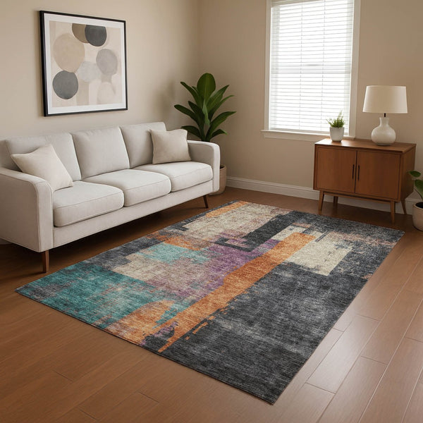 HomeRoots 10' X 14' Washable Charcoal Abstract Area Rug with UV Protection for Modern Living Spaces & Durability 701129