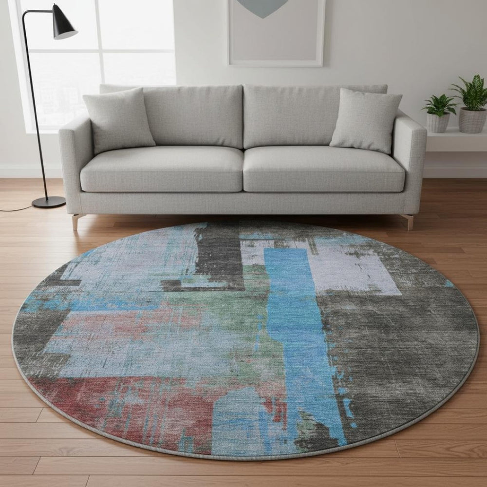 HomeRoots 8' Sky Blue Gray Silver Abstract Round Rug - Washable, UV Protected, Non-Slip, Perfect for Homes! 701132
