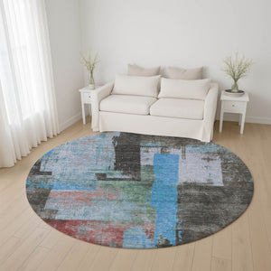 HomeRoots 8' Sky Blue Gray Silver Abstract Round Rug - Washable, UV Protected, Non-Slip, Perfect for Homes! 701132