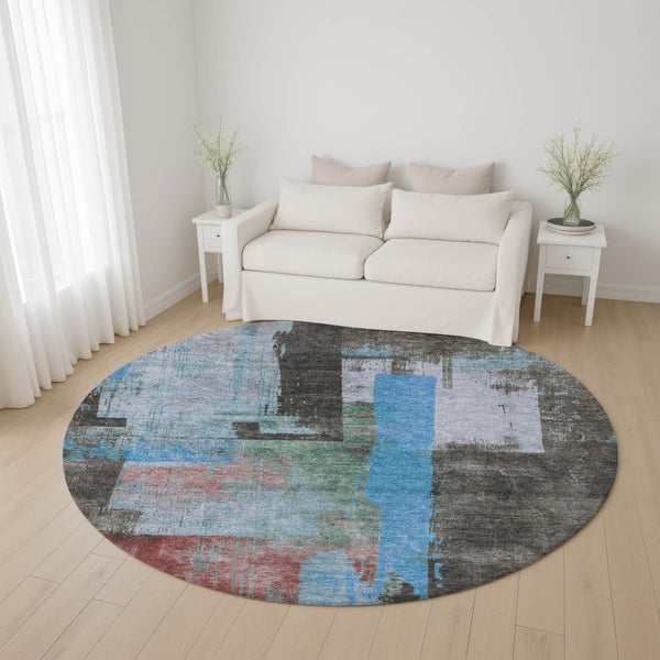 HomeRoots 8' Sky Blue Gray Silver Abstract Round Rug - Washable, UV Protected, Non-Slip, Perfect for Homes! 701132