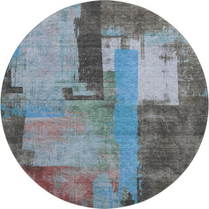 HomeRoots 8' Sky Blue Gray Silver Abstract Round Rug - Washable, UV Protected, Non-Slip, Perfect for Homes! 701132