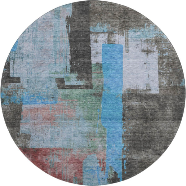 HomeRoots 8' Sky Blue Gray Silver Abstract Round Rug - Washable, UV Protected, Non-Slip, Perfect for Homes! 701132