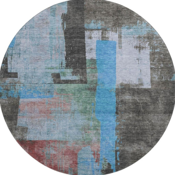 HomeRoots 8' Sky Blue Gray Silver Abstract Round Rug - Washable, UV Protected, Non-Slip, Perfect for Homes! 701132