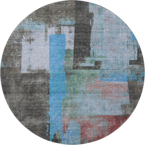 HomeRoots 8' Sky Blue Gray Silver Abstract Round Rug - Washable, UV Protected, Non-Slip, Perfect for Homes! 701132