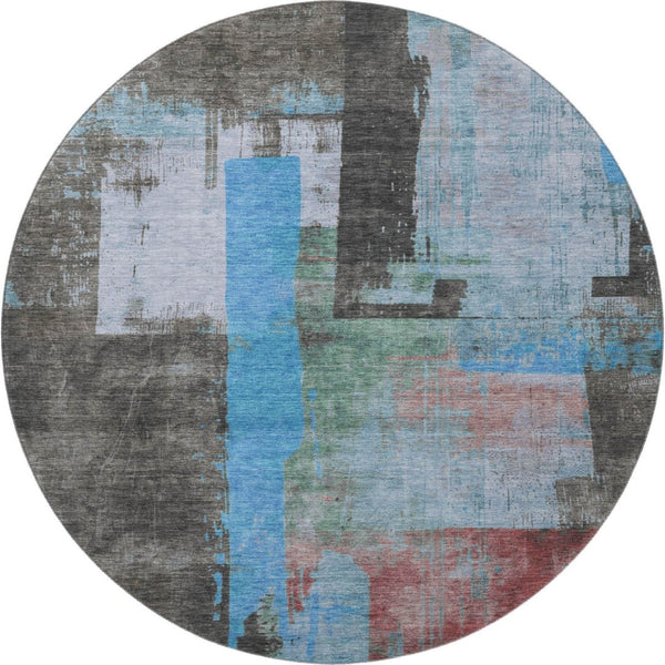 HomeRoots 8' Sky Blue Gray Silver Abstract Round Rug - Washable, UV Protected, Non-Slip, Perfect for Homes! 701132