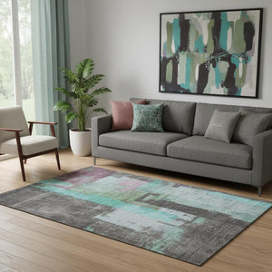 HomeRoots 5' X 8' Stylish Teal Gray Abstract Washable Area Rug with UV Protection for Family-Friendly Spaces 701137