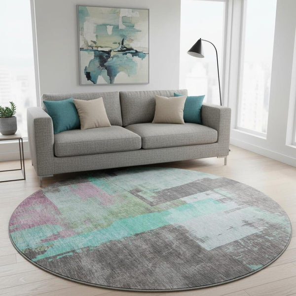 HomeRoots 8' Teal Gray Silver Abstract Round Rug - Washable, Durable, UV Protected for Modern Homes 701138
