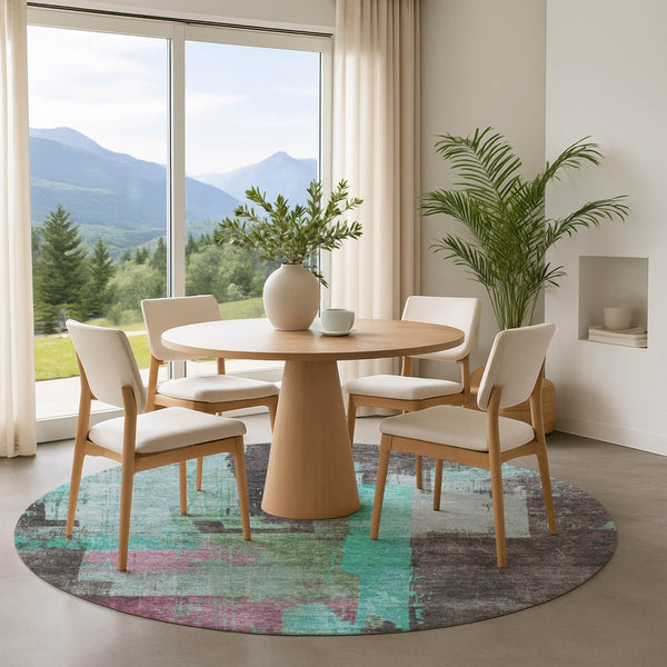 HomeRoots 8' Teal Gray Silver Abstract Round Rug - Washable, Durable, UV Protected for Modern Homes 701138
