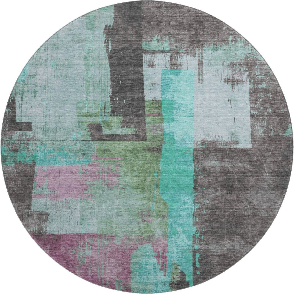HomeRoots 8' Teal Gray Silver Abstract Round Rug - Washable, Durable, UV Protected for Modern Homes 701138