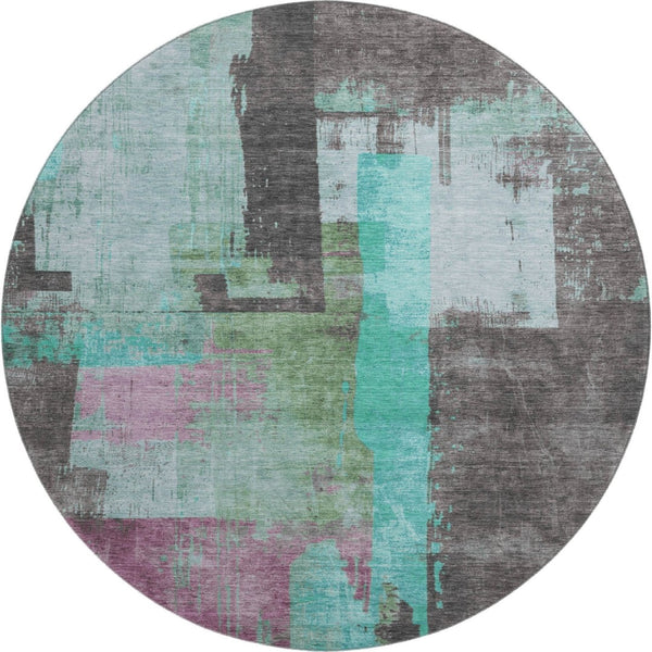 HomeRoots 8' Teal Gray Silver Abstract Round Rug - Washable, Durable, UV Protected for Modern Homes 701138