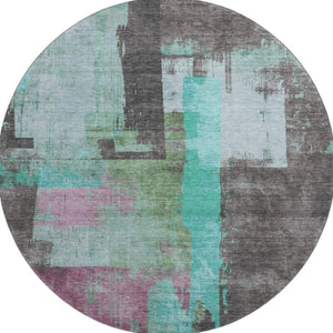 HomeRoots 8' Teal Gray Silver Abstract Round Rug - Washable, Durable, UV Protected for Modern Homes 701138