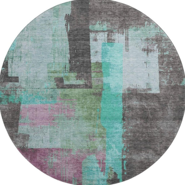 HomeRoots 8' Teal Gray Silver Abstract Round Rug - Washable, Durable, UV Protected for Modern Homes 701138