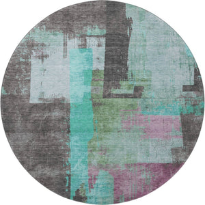 HomeRoots 8' Teal Gray Silver Abstract Round Rug - Washable, Durable, UV Protected for Modern Homes 701138