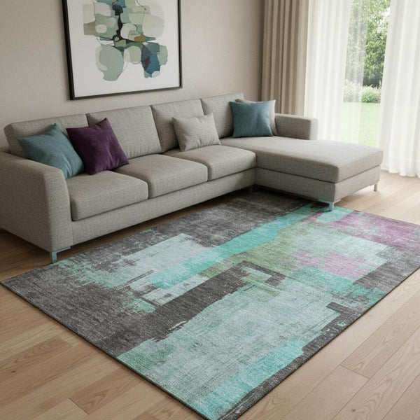 HomeRoots 8' X 10' Teal Gray Silver Abstract Area Rug - Washable, Stain-Resistant, UV Protected for High-Traffic Rooms 701139