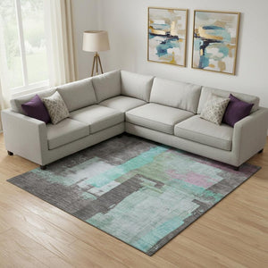 HomeRoots 9' X 12' Teal Gray Silver Abstract Washable Area Rug with UV Protection - Durable, Stylish & Easy Care 701140
