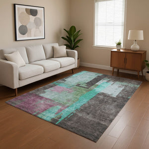 HomeRoots 9' X 12' Teal Gray Silver Abstract Washable Area Rug with UV Protection - Durable, Stylish & Easy Care 701140